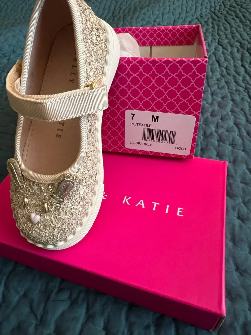 Kelly & Katie Girls Gold Glitter Mary Jane Shoes with Pink Bunny Heart Accent